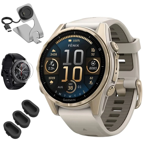 Garmin 010-02903-10 Fenix 8 43 mm, AMOLED, Sapphire, Soft Gold with Fog Gray Sandstone Silikon Band Sche with Deco Essentials Şarj Dock, 3X Silikon Toz Kapak ve Cam Ekran Koruyucu ürün görseli 1