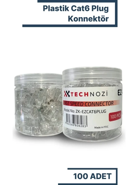 Technozi 100 Adet Yeni Nesil (Delikli, Açık Uçlu) Cat6 Ez RJ45 Konnektör Utp Jack-METAL ürün görseli 1