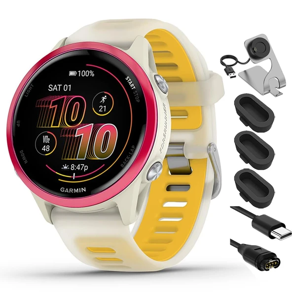 Garmin 010-02970-02 Forerunner 570-42mm GPS Smartwatch Alüminyum ve Bone/Mango Band Sche ile Deco Essentials Şarj Dock, Silikon Dust Cover 3 Pack ve USB Type C Şarj ve Sync Cable ürün görseli 1