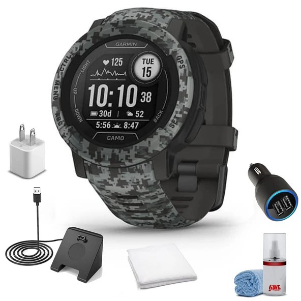 Garmin Instinct 2 - Camo Edition Smart Watch Graphite Camo + Watch Şarj Stand + USB Car/Wall Adaptör + 6Ave Temizlik Kit + Ter Workout Havlu (010-02626-13) ürün görseli 1