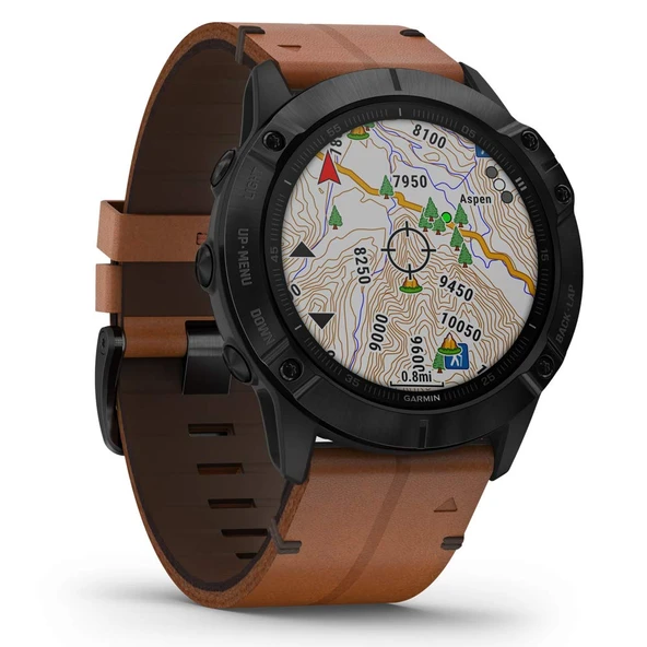 Garmin Fenix 6X Sapphire, Premium Multisport GPS İzle, Özellikler Haritalama, Müzik, Grade-Adjusted Pace Rehberlik ve Pulse Ox Sensörleri, Brown Deri Band ile Siyah ürün görseli 1