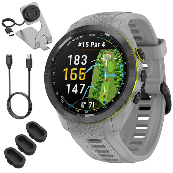 Garmin 010-02746-01 Yaklaşım S70 42 mm Premium GPS Golf Watch, Toz Grey Band Sche with Deco Essentials Şarj Dock, 3X Dust Cover ve USB Type C Şarj ve Sen Kablolama ürün görseli 1