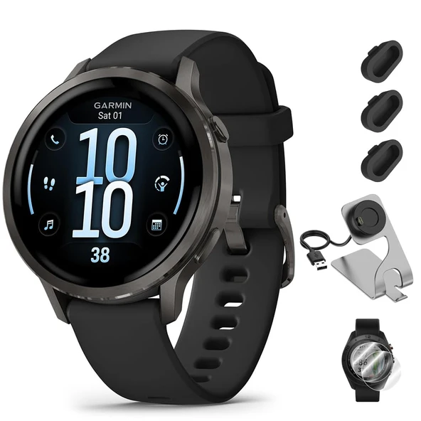 Garmin Venu 4 (41mm) GPS Smartwatch Slate ile Black Silikon Band Sche w/Deco Essentials Şarj Dock, 3-Pack Dust Covers & 2Pack 1.2" Ekran Koruyucuları ürün görseli 1