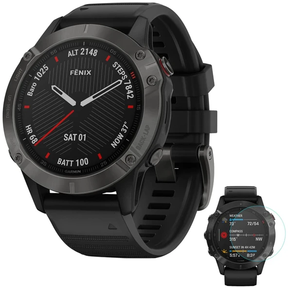 Garmin 010-02158-10 Fenix 6 Sapphire Multisport GPS Smartwatch Carbon Gray DLC with Black Band Sche with Fenix 6 Ekran Koruyucu ürün görseli 1
