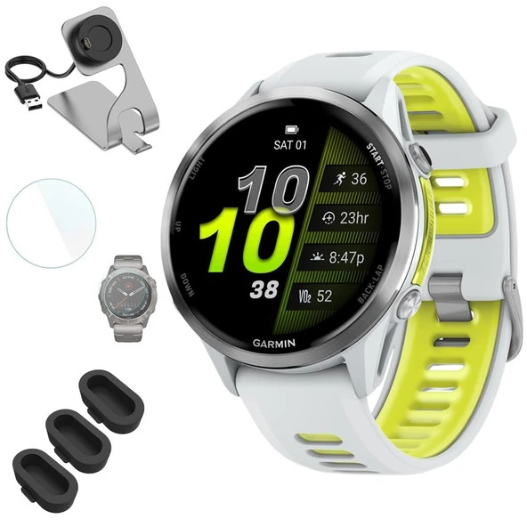Garmin 010-02969-01 Forerunner 970 GPS Smartwatch, Titanyum ve Whitestone/Yellow Band Sche with Deco Essentials Şarj Dock, 3X Silikon Toz Kapak ve 2X 1.4 inç Ekran Koruyucu ürün görseli 1