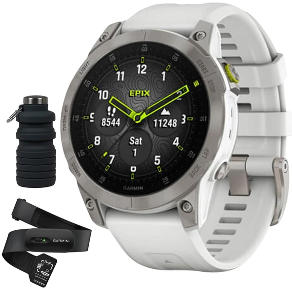 Garmin epix Gen 2, Premium Active Smartwatch Sapphire Edition | 47 mm (Beyaz Titanyum) HRM 200 Kalp Tespiti (XS-S) Sche with Deco Essentials Collapsable Water Şişe ürün görseli 1