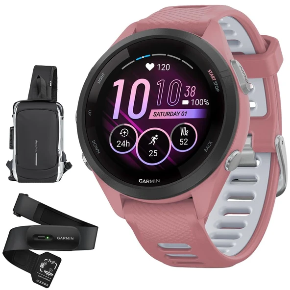 Garmin 010-02810-05 Forerunner 265S GPS Smartwatch, Light Pink/Whitestone Sche with HRM 200 Kalp Puanı Doğru Kalp Oranı ve HRV Data Yıkamalanabilir (M-XL) & Deco Essentials Sling Backpack ürün görseli 1