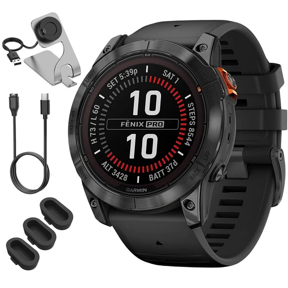 Garmin 010-02778-00 Fenix 7X Pro Solar, Glass, Slate Gray Steel, Black Sche with Deco Essentials Şarj Dock, 3X Silikon Toz Kapak ve USB Type C Şarj ve You Cable ürün görseli 1