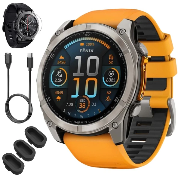 Garmin 010-02905-10 Fenix 8 51mm GPS Smartwatch, Sapphire, Titanyum w/Spark Orange/Graphite Silikon Band Sche with Ekran Koruyucu, 3X Silikon Kapak ve USB Type C Şarj ve Sen Kablo Kablo ürün görseli 1