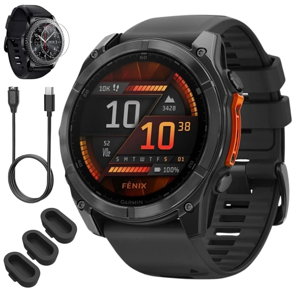 Garmin 010-02905-20 Fenix 8 51mm GPS Smartwatch Sapphire, Karbon Gray Ekran Koruyucusu ile Black/Pebble Gray Band Sche ile Titanyum, 3X Silikon Dust Cover & USB Type C Şarj & You Cable ürün görseli 1