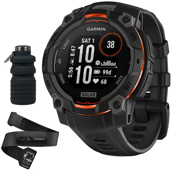 Garmin Instinct 3-45 mm Açık GPS Smartwatch, Solar, Black Band with HRM 200 Heart Rate Monitor (XS-S) Sche with Deco Essentials Collapsable Water Şişe ürün görseli 1
