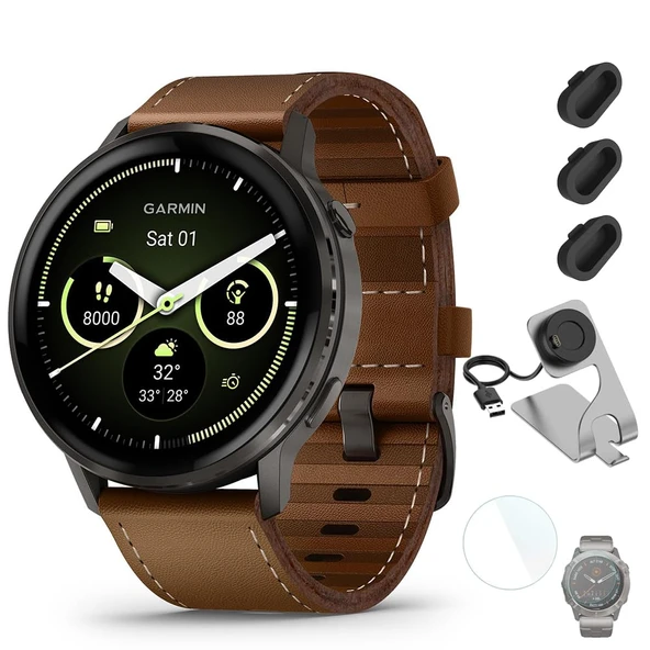 Garmin Venu 4 (45mm) Smartwatch – GPS, AMOLED, Sleep Coach, Body Battery, Slate w/Black Band ve Brown Deri Band G / Deco Essentials Şarj Dock, 3Pack Dust Covers & 1.4" Ekran Koruyucu ürün görseli 1