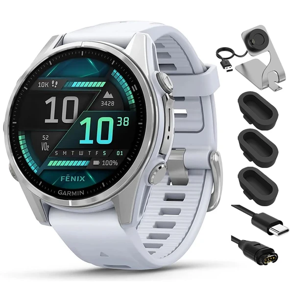 Garmin 010-02903-00 Fenix 8 43 mm AMOLED Gümüş with Whitestone Silikon Band Sche with Deco Essentials Şarj Dock, Dust Cover 3 Pack and USB Type C Şarj ve You Cable ürün görseli 1