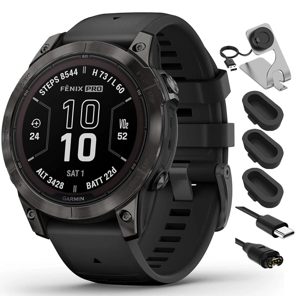 Garmin 010-02777-10 Fenix 7 Pro Sapphire Solar, GPS Smartwatch, İnşa Edilmiş Flashlight Black Sche with Deco Essentials Şarj Dock, Silikon Dust Cover 3 Pack ve USB Type C Şarj ve Sync Cable ürün görseli 1