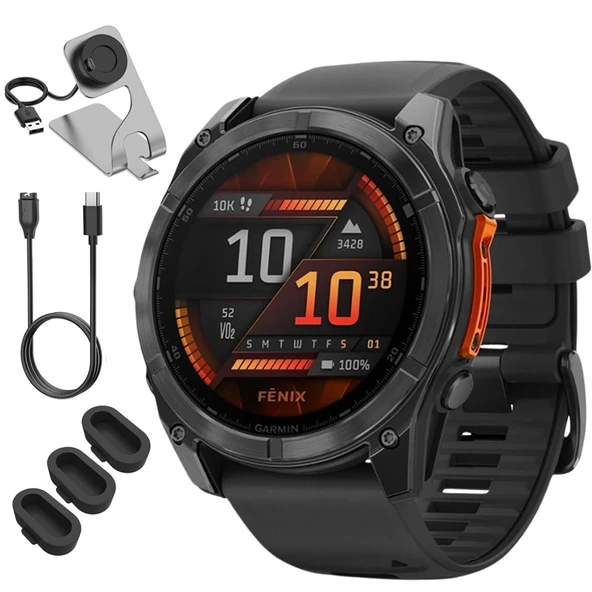 Garmin 010-02905-00 Fenix 8 51 mm, AMOLED Slate Gray with Black Silikon Band Sche with Deco Essentials Şarj Dock, 3X Silikon Toz Kapak ve USB Type C Şarj ve Sen Cable ürün görseli 1