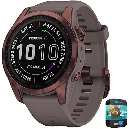 Garmin 010-02539-28 Fenix 7S Sapphire Solar Smartwatch Dark Bronz Titanyum ile Shale Gray Band Sche ile 2 YR CPS Geliştirilmiş Koruma Paketi ürün görseli 1