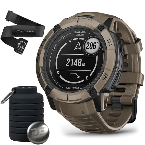 Garmin 010-02805-12 Instinct 2X Solar Rugged GPS Smartwatch Taktik Baskı Coyote Tan Sche with Garmin Heart Rate Monitor doğru Heart Rate & HRV Data Chip M-XL ve Collapsable Water Şişe ürün görseli 1