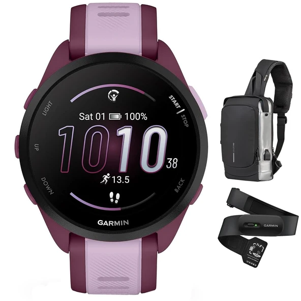 Garmin Forerunner 165 Music Smart Sport Watch in Berry + Lilac with HRM 200 Heart Rate Monitor, Washable Raf, XS-S Sche with Deco Essentials Sling Backpack ürün görseli 1