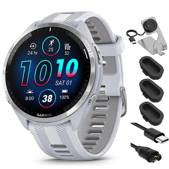Garmin 010-02809-01 Forerunner 965 Smartwatch Whitestone ve Toz Gray Sche ile Deco Essentials Şarj Dock, Silikon Dust Cover 3 Pack ve USB Type C Şarj ve You Cable ürün görseli 1