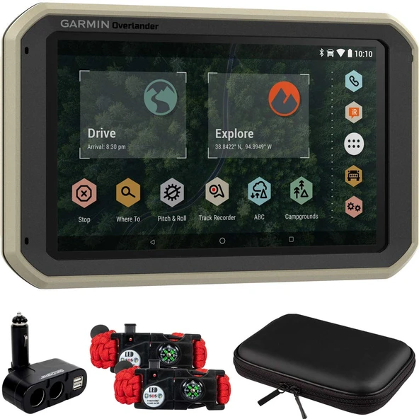 Garmin Overlander On/Off-Road Bluetooth GPS Navigator Sche with, Shell Hard EVA Case, and Dual DC12V /24V Multi function Car Şarj Soketi ve Survival Shoes 2Pack (010-02195-00) ürün görseli 1