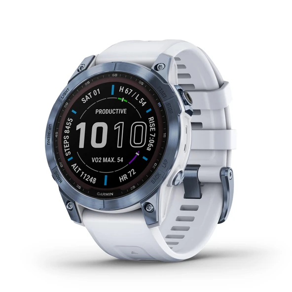 Garmin Fenix 7 Sapphire Solar, Adventure smartwatch, Solar Şarjleri ile, Rugged Outdoor Watch with GPS, Touchscreen, Wellness Özellikler, Mineral Blue DLC Titanyum Whitestone Band ürün görseli 1