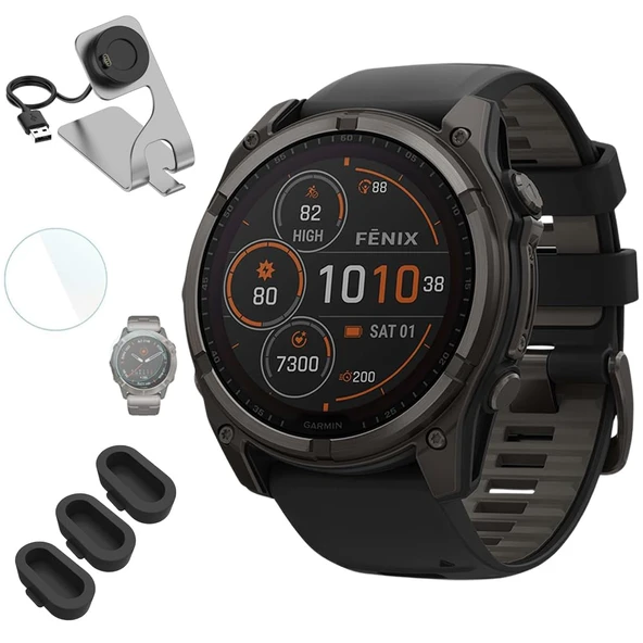 Garmin 010-02906-10 Fenix 8 47 mm, Solar Sapphire, Karbon Gray Siyah/Pebble Gray Sche ile Deco Essentials Şarj Dock, 3X Silikon Toz Kapağı ve 1.4 Ekran Koruyucu ürün görseli 1