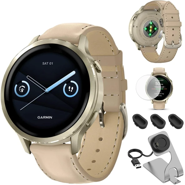 Garmin Venu 4 (41mm) GPS Smartwatch Moon Gold with Bone Band and Light Sand Deri Band Sche/Deco Essentials Şarj Dock, 3-Pack Dust Covers & 2Pack 1.2” Ekran Koruyucuları ürün görseli 1