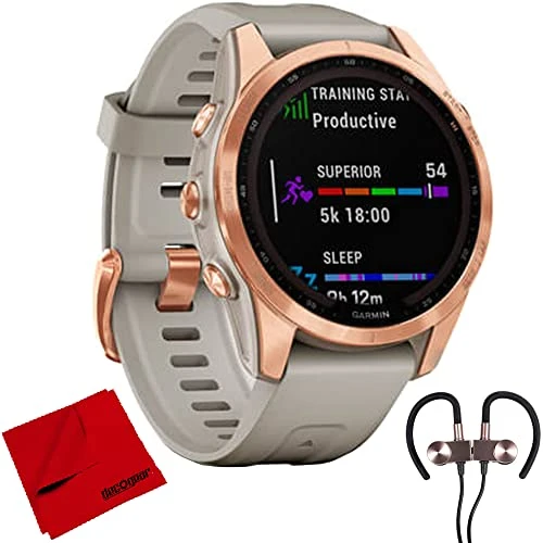 Garmin 010-02539-10 Fenix 7S Solar Smartwatch - Rose Gold with Light Sand Band Sche with Deco Gear Manyetik Kablosuz Sport Earbuds and Deco Gear Microfiber Temizlik Kumaş ürün görseli 1