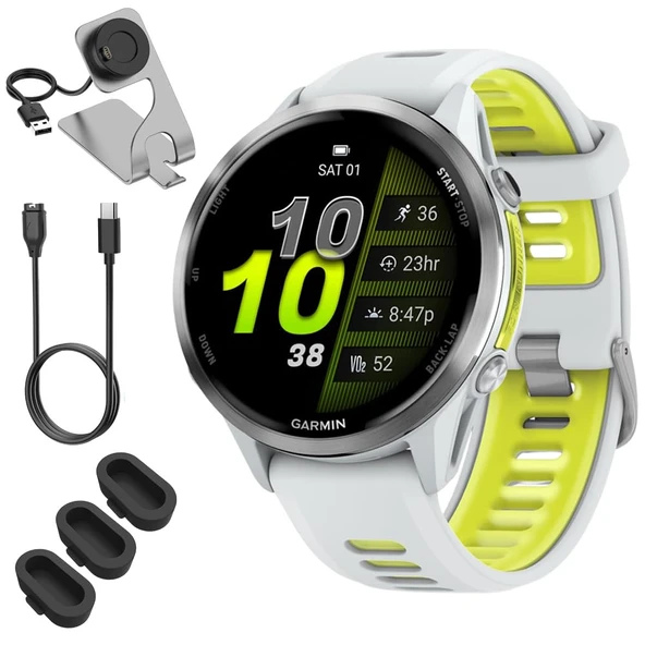 Garmin 010-02969-01 Forerunner 970 GPS Smartwatch, Titanyum ve Whitestone/Yellow Band Sche with Deco Essentials Şarj Dock, 3X Silikon Toz Kapak ve USB Type C Şarj ve Sync Cable ürün görseli 1