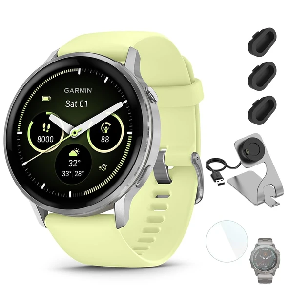 Garmin Venu 4 (45mm) Smartwatch – GPS, AMOLED, Sleep Coach, Body Battery, Citron Silikon Band Sche with Deco Essentials Şarj Dock, 3-Pack Dust Covers & 1.4" Ekran Koruyucu ürün görseli 1