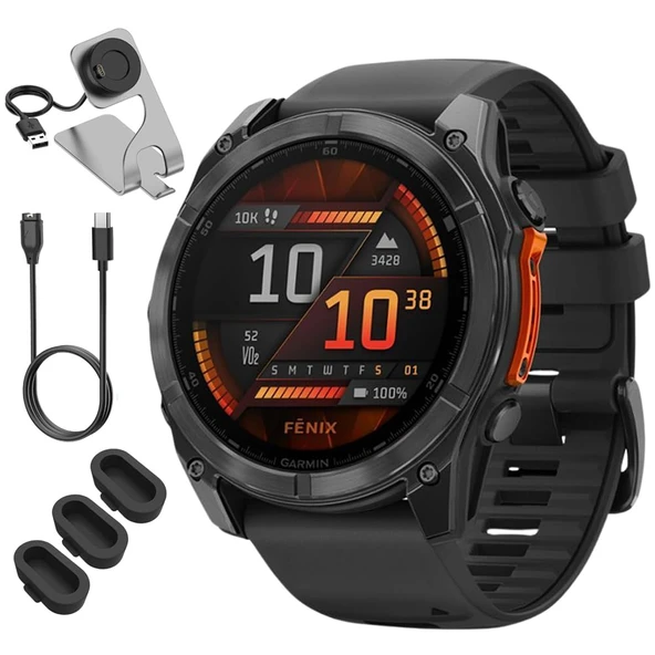 Garmin 010-02905-20 Fenix 8 51mm AMOLED, Carbon Gray DLC Titanyum w/Black /Pebble Gray Band Sche şarj Dock, 3X Silikon Toz Kapak ve USB Type C Şarj ve Sync Cable ürün görseli 1