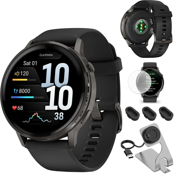 Garmin Venu 4 (45mm) GPS Smartwatch Slate ile Black Band Sche w/Deco Essentials Şarj Dock, 3-Pack Dust Covers & 1.4" Ekran Koruyucu ürün görseli 1
