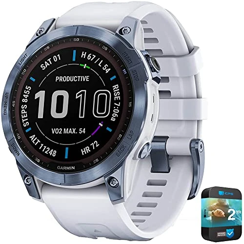 Garmin 010-02-24 Fenix 7 Sapphire Solar Smartwatch Mineral Blue DLC Titanyum Beyazstone Band Sche ile 2 YR CPS Geliştirilmiş Koruma Paketi ürün görseli 1