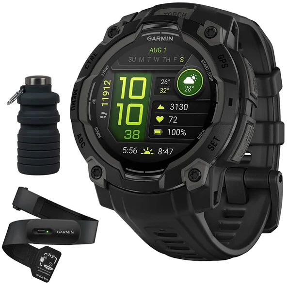 Garmin Instinct 3-45 mm Açık GPS Smartwatch, AMOLED, Black Band with HRM 200 Heart Rate Monitor (XS-S) Sche with Deco Essentials Collapsable Water Şişe ürün görseli 1