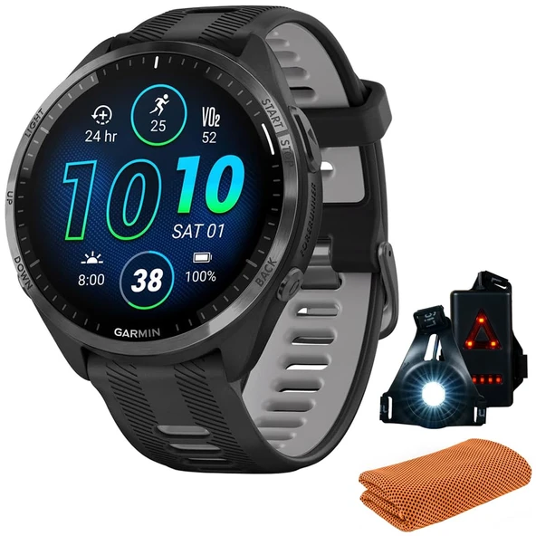 Garmin 010-02809-00 Forerunner 965 Smartwatch, Black and Toz Gray Sche with Workout Soğutma Sport Havlu + Deco Essentials Wearable Commuter Front & Arka Güvenlik Işık ürün görseli 1