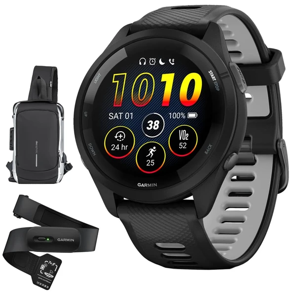 Garmin 010-02810-00 Forerunner 265 GPS Smartwatch, Black/Powder Gray Sche ile HRM 200 Kalp Tespiti Doğru Kalp Oranı & HRV Data Lavabo (XS-S) & Deco Essentials Sling Backpack ürün görseli 1