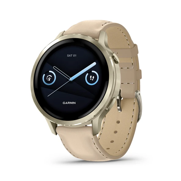 Garmin Venu® 4, 41mm, Gelişmiş Sağlık ve Fitness GPS Smartwatch, Parlak Renkli Ekran,Built-In Flashlight,10 Days of Battery Life,Lunar Gold/Bone Silikon Band ve Işık Deri Band -2 grup ürün görseli 1
