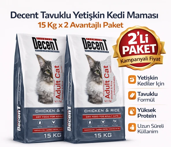 Decent Tavuk Etli Yetişkin Kedi Maması 15 kg ( 2 Adet ) ürün görseli 1