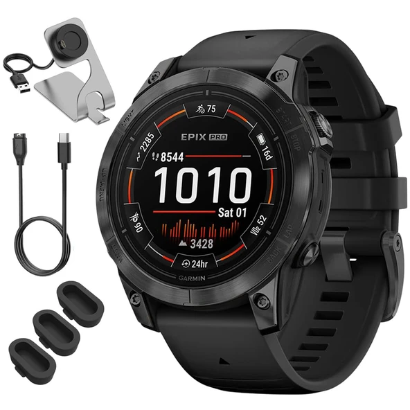 Garmin 010-02803-00 Epix Pro (Gen 2), 47mm, Sapphire, Karbon Gray DLC Titanyum, Black Sche with Deco Essentials Şarj Dock, 3X Silikon Toz Kapak ve USB Type C Şarj ve Sync Cable ürün görseli 1