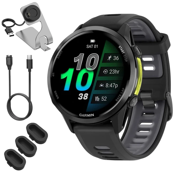 Garmin 010-02969-00 Forerunner 970 GPS Smartwatch, Carbon Gray DLC Titanyum ve Black Band Sche ile Deco Essentials Şarj Dock, 3X Silikon Toz Kapak ve USB Type C Şarj ve You Cable ürün görseli 1