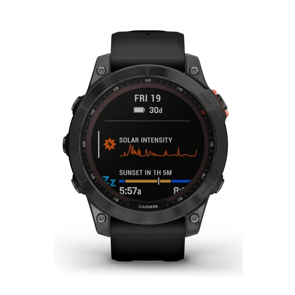 Garmin Fenix 7 Solar, Adventure smartwatch, with Solar Şarj Cap tasks, Rugged Outdoor Watch with GPS, Touchscreen, Health and Wellness Özellikler, Slate Gray with Black Band ürün görseli 1