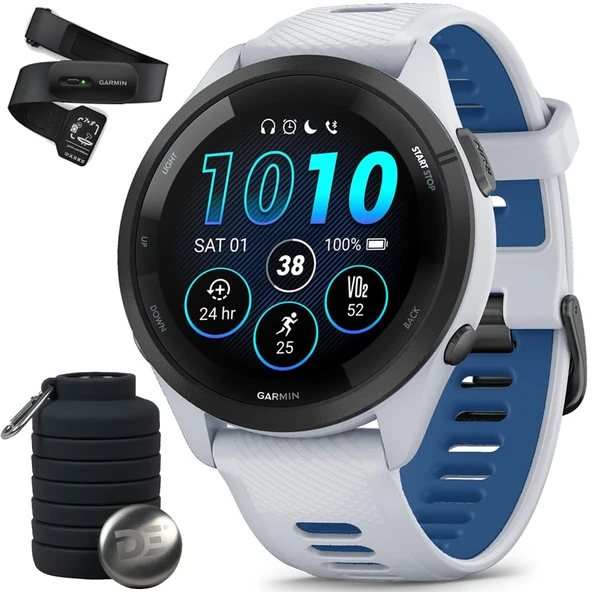 Garmin 010-02810-01 Forerunner 265 GPS Smartwatch Whitestone/Tidal Blue Sche Kalp Tespiti Doğru Kalp Oranı & HRV Data M-XL ve Deco Essentials Collapsable Water Şişe ürün görseli 1