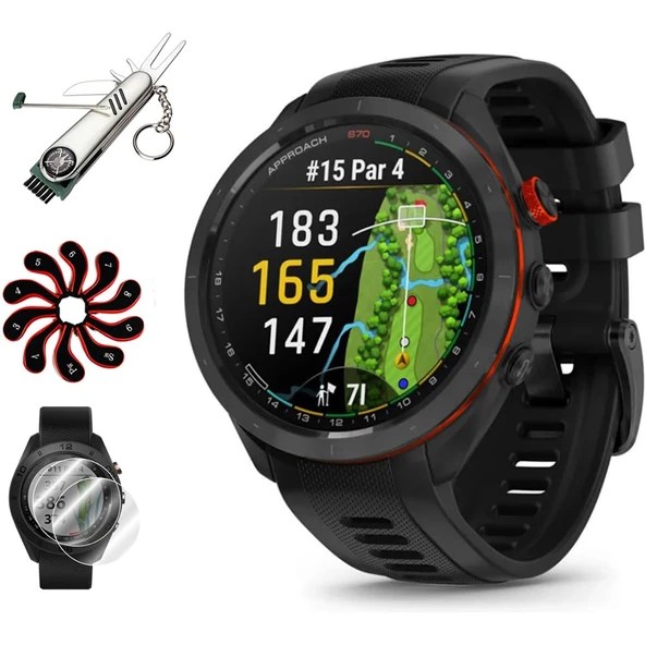 Garmin 010-02746-02 Yaklaşım S70 42 mm Premium GPS Golf Watch, Black Band Sche with Deco Essentials 2Pack Ekran koruyucu, 7-in-1 Multi-Function Golf Tool ve Surfaceed Iron Head Covers Setleri ürün görseli 1