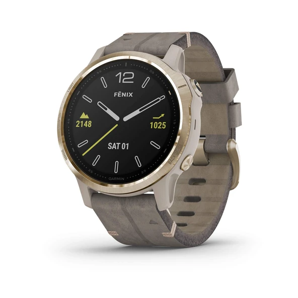 Garmin Fenix 6S Sapphire, Premium Multisport GPS Watch, Smaller-Sized, features Mapping, Music, Grade-Adjusted Pace Guide and Pulse Ox Sensörs, Light Gold with Gray Deri Band ürün görseli 1