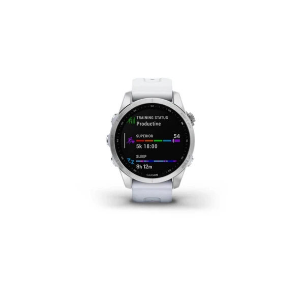 Garmin Fenix 7S, Smaller Dimensiond Adventure smartwatch, Rugged Outdoor Watch with GPS, Touchscreen, Health and Wellness Features, Silver with Whitestone Band ürün görseli 1