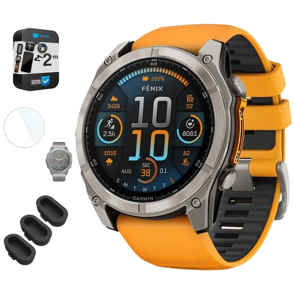 Garmin 010-02905-10 Fenix 8 51 mm AMOLED Sapphire Titanyum w/Spark Orange/Graphite silikon Band Sche with Dust Cover 3 Pack, 1.4 inç Ekran Koruyucu ve 2 YR CPS Geliştirilmiş Koruma Paketi ürün görseli 1