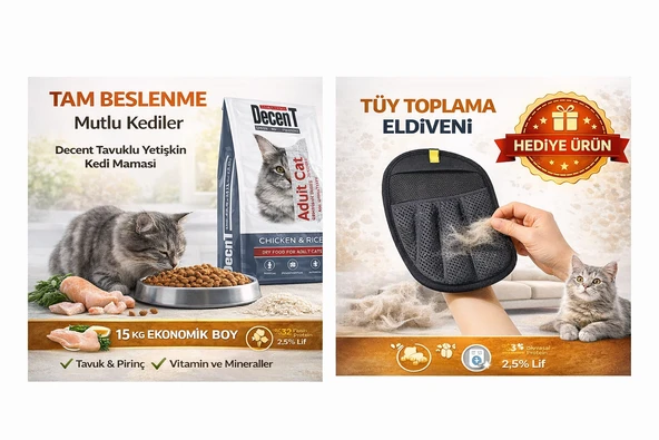 Decent Tavuklu Yetişkin Kedi Maması 15 KG + Karamel Pet Tüy Toplama Eldiveni HEDİYE (Yıkanabilir, Pratik Kullanım) ürün görseli 1