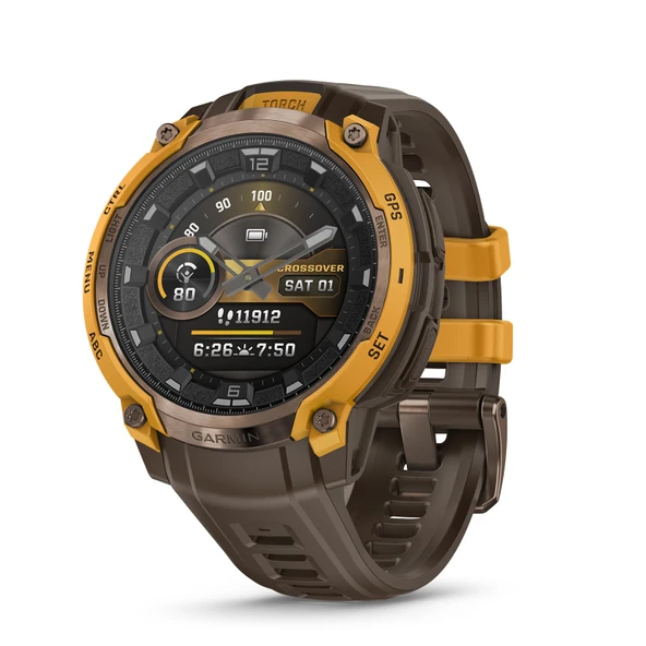 Garmin Instinct® Crossover AMOLED, Hybrid GPS Smartwatch with Analog Watch Hands and Bright AMOLED Display, Bronz/Sunburst with Cocoa Silikon Band Band Band ürün görseli 1