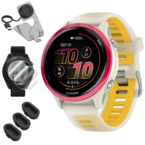 Garmin 010-02970-02 Forerunner 570 42mm GPS Smartwatch, alüminyum ve Bone/Mango Band Sche with Deco Essentials Şarj Dock, 3X Silikon Toz Kapak ve 2X 1.2 inç Ekran Koruyucu ürün görseli 1