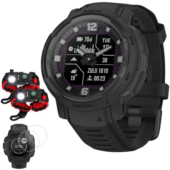Garmin 010-02730-10 Instinct Crossover Solar Taktik Edition, Rugged Hybrid Smartwatch, Black Sche with Deco Essentials 2X Taktik Acil Paracord Duş ve 2X Ekran Koruyucu ürün görseli 1